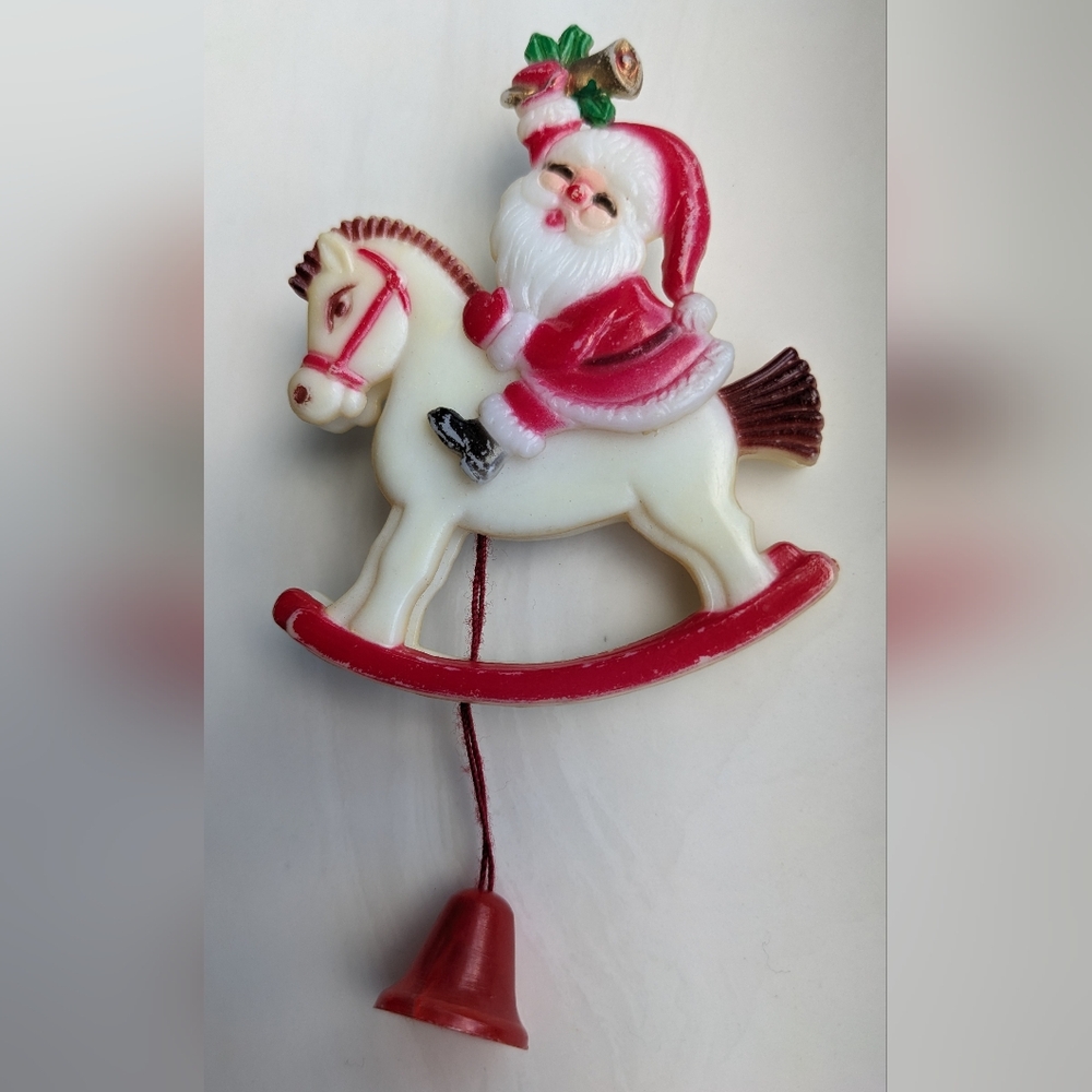 Vintage Santa on Rocking Horse Pull String Plastic Pin - Moving Parts